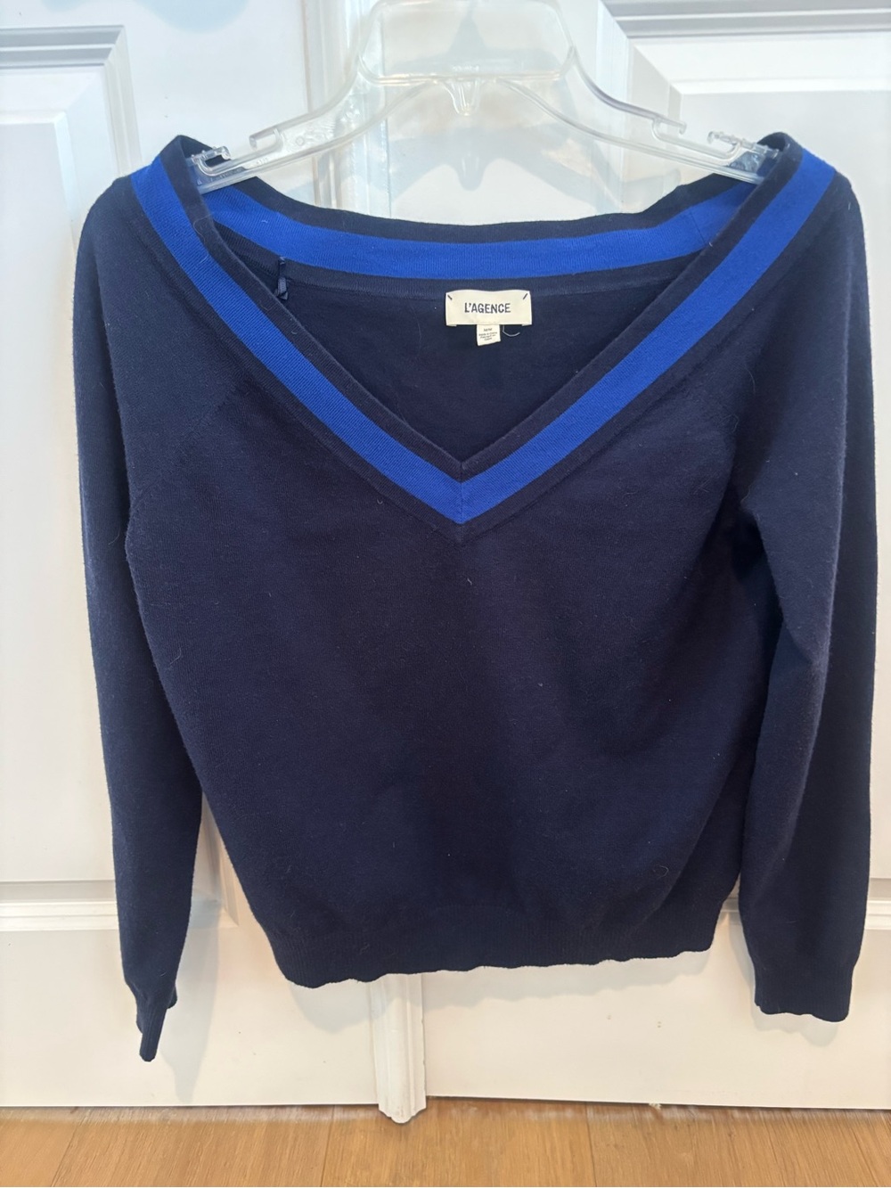 L'AGENCE Antoinette Navy V-Neck Sweater with Bright Blue Trim Size M